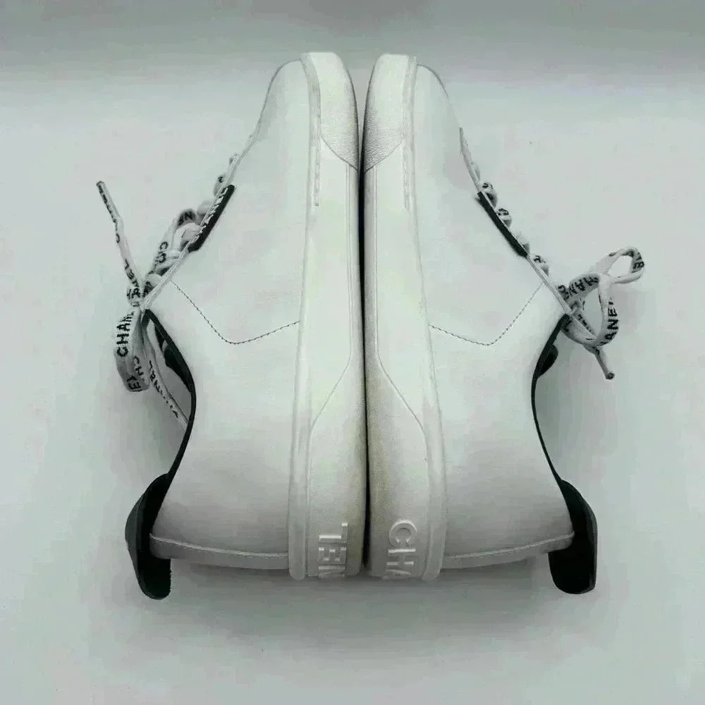 Chanel White Leather Casual Sneakers: Women's Size 36.5 Logo Laces CC - Picture 5 of 13